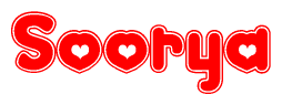 The image is a clipart featuring the word Soorya written in a stylized font with a heart shape replacing inserted into the center of each letter. The color scheme of the text and hearts is red with a light outline.
