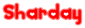 The image is a clipart featuring the word Sharday written in a stylized font with a heart shape replacing inserted into the center of each letter. The color scheme of the text and hearts is red with a light outline.