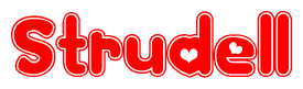 The image is a clipart featuring the word Strudell written in a stylized font with a heart shape replacing inserted into the center of each letter. The color scheme of the text and hearts is red with a light outline.
