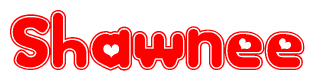The image is a red and white graphic with the word Shawnee written in a decorative script. Each letter in  is contained within its own outlined bubble-like shape. Inside each letter, there is a white heart symbol.
