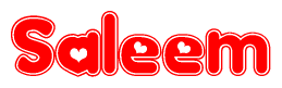 The image is a red and white graphic with the word Saleem written in a decorative script. Each letter in  is contained within its own outlined bubble-like shape. Inside each letter, there is a white heart symbol.