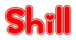 The image is a clipart featuring the word Shill written in a stylized font with a heart shape replacing inserted into the center of each letter. The color scheme of the text and hearts is red with a light outline.