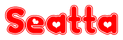 The image is a red and white graphic with the word Seatta written in a decorative script. Each letter in  is contained within its own outlined bubble-like shape. Inside each letter, there is a white heart symbol.