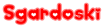 The image is a clipart featuring the word Sgardoski written in a stylized font with a heart shape replacing inserted into the center of each letter. The color scheme of the text and hearts is red with a light outline.