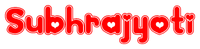 The image is a red and white graphic with the word Subhrajyoti written in a decorative script. Each letter in  is contained within its own outlined bubble-like shape. Inside each letter, there is a white heart symbol.