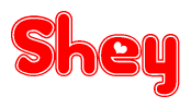 The image is a red and white graphic with the word Shey written in a decorative script. Each letter in  is contained within its own outlined bubble-like shape. Inside each letter, there is a white heart symbol.
