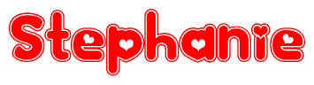 The image is a red and white graphic with the word Stephanie written in a decorative script. Each letter in  is contained within its own outlined bubble-like shape. Inside each letter, there is a white heart symbol.