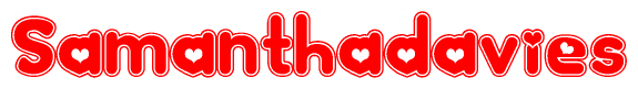 The image is a red and white graphic with the word Samanthadavies written in a decorative script. Each letter in  is contained within its own outlined bubble-like shape. Inside each letter, there is a white heart symbol.
