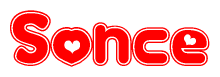 The image is a red and white graphic with the word Sonce written in a decorative script. Each letter in  is contained within its own outlined bubble-like shape. Inside each letter, there is a white heart symbol.