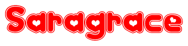 The image is a red and white graphic with the word Saragrace written in a decorative script. Each letter in  is contained within its own outlined bubble-like shape. Inside each letter, there is a white heart symbol.