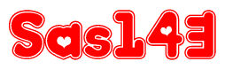 The image displays the word Sas143 written in a stylized red font with hearts inside the letters.