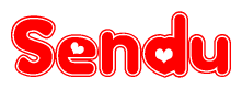 The image is a red and white graphic with the word Sendu written in a decorative script. Each letter in  is contained within its own outlined bubble-like shape. Inside each letter, there is a white heart symbol.