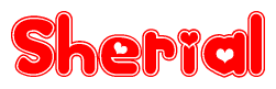The image is a red and white graphic with the word Sherial written in a decorative script. Each letter in  is contained within its own outlined bubble-like shape. Inside each letter, there is a white heart symbol.