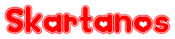 The image is a red and white graphic with the word Skartanos written in a decorative script. Each letter in  is contained within its own outlined bubble-like shape. Inside each letter, there is a white heart symbol.