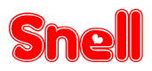 The image is a red and white graphic with the word Snell written in a decorative script. Each letter in  is contained within its own outlined bubble-like shape. Inside each letter, there is a white heart symbol.