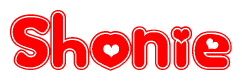 The image is a red and white graphic with the word Shonie written in a decorative script. Each letter in  is contained within its own outlined bubble-like shape. Inside each letter, there is a white heart symbol.