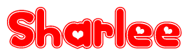 The image is a clipart featuring the word Sharlee written in a stylized font with a heart shape replacing inserted into the center of each letter. The color scheme of the text and hearts is red with a light outline.