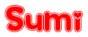 The image is a red and white graphic with the word Sumi written in a decorative script. Each letter in  is contained within its own outlined bubble-like shape. Inside each letter, there is a white heart symbol.