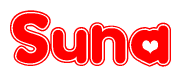 The image is a red and white graphic with the word Suna written in a decorative script. Each letter in  is contained within its own outlined bubble-like shape. Inside each letter, there is a white heart symbol.