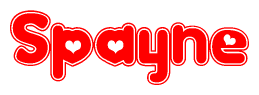 The image is a red and white graphic with the word Spayne written in a decorative script. Each letter in  is contained within its own outlined bubble-like shape. Inside each letter, there is a white heart symbol.