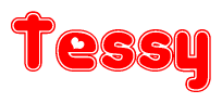 The image is a red and white graphic with the word Tessy written in a decorative script. Each letter in  is contained within its own outlined bubble-like shape. Inside each letter, there is a white heart symbol.