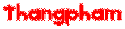 The image is a red and white graphic with the word Thangpham written in a decorative script. Each letter in  is contained within its own outlined bubble-like shape. Inside each letter, there is a white heart symbol.