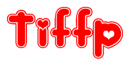 The image is a red and white graphic with the word Tiffp written in a decorative script. Each letter in  is contained within its own outlined bubble-like shape. Inside each letter, there is a white heart symbol.