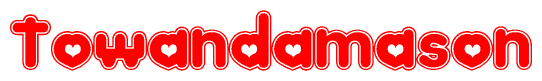 The image is a red and white graphic with the word Towandamason written in a decorative script. Each letter in  is contained within its own outlined bubble-like shape. Inside each letter, there is a white heart symbol.