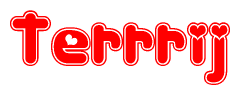 The image is a clipart featuring the word Terrrij written in a stylized font with a heart shape replacing inserted into the center of each letter. The color scheme of the text and hearts is red with a light outline.