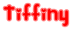   The image is a clipart featuring the word Tiffiny written in a stylized font with a heart shape replacing inserted into the center of each letter. The color scheme of the text and hearts is red with a light outline. 