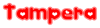 The image is a red and white graphic with the word Tampera written in a decorative script. Each letter in  is contained within its own outlined bubble-like shape. Inside each letter, there is a white heart symbol.