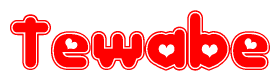 The image is a red and white graphic with the word Tewabe written in a decorative script. Each letter in  is contained within its own outlined bubble-like shape. Inside each letter, there is a white heart symbol.