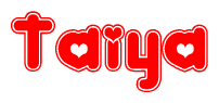 The image is a red and white graphic with the word Taiya written in a decorative script. Each letter in  is contained within its own outlined bubble-like shape. Inside each letter, there is a white heart symbol.