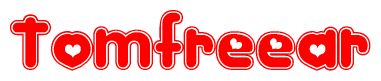 The image is a clipart featuring the word Tomfreear written in a stylized font with a heart shape replacing inserted into the center of each letter. The color scheme of the text and hearts is red with a light outline.