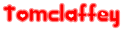The image is a red and white graphic with the word Tomclaffey written in a decorative script. Each letter in  is contained within its own outlined bubble-like shape. Inside each letter, there is a white heart symbol.