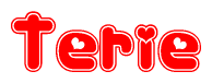 The image is a red and white graphic with the word Terie written in a decorative script. Each letter in  is contained within its own outlined bubble-like shape. Inside each letter, there is a white heart symbol.