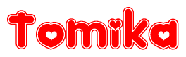 The image is a red and white graphic with the word Tomika written in a decorative script. Each letter in  is contained within its own outlined bubble-like shape. Inside each letter, there is a white heart symbol.