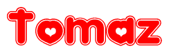 The image is a red and white graphic with the word Tomaz written in a decorative script. Each letter in  is contained within its own outlined bubble-like shape. Inside each letter, there is a white heart symbol.