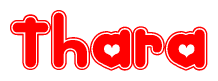 The image is a red and white graphic with the word Thara written in a decorative script. Each letter in  is contained within its own outlined bubble-like shape. Inside each letter, there is a white heart symbol.