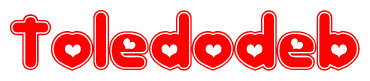 The image is a red and white graphic with the word Toledodeb written in a decorative script. Each letter in  is contained within its own outlined bubble-like shape. Inside each letter, there is a white heart symbol.