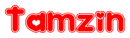 The image is a red and white graphic with the word Tamzin written in a decorative script. Each letter in  is contained within its own outlined bubble-like shape. Inside each letter, there is a white heart symbol.