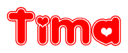 The image is a clipart featuring the word Tima written in a stylized font with a heart shape replacing inserted into the center of each letter. The color scheme of the text and hearts is red with a light outline.
