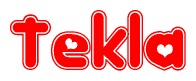 The image displays the word Tekla written in a stylized red font with hearts inside the letters.