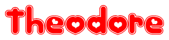 The image is a red and white graphic with the word Theodore written in a decorative script. Each letter in  is contained within its own outlined bubble-like shape. Inside each letter, there is a white heart symbol.