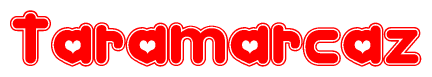 The image is a red and white graphic with the word Taramarcaz written in a decorative script. Each letter in  is contained within its own outlined bubble-like shape. Inside each letter, there is a white heart symbol.