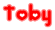 The image is a red and white graphic with the word Toby written in a decorative script. Each letter in  is contained within its own outlined bubble-like shape. Inside each letter, there is a white heart symbol.