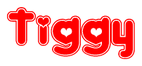 The image is a clipart featuring the word Tiggy written in a stylized font with a heart shape replacing inserted into the center of each letter. The color scheme of the text and hearts is red with a light outline.