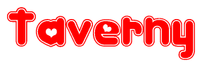 The image is a clipart featuring the word Taverny written in a stylized font with a heart shape replacing inserted into the center of each letter. The color scheme of the text and hearts is red with a light outline.