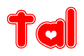 The image is a clipart featuring the word Tal written in a stylized font with a heart shape replacing inserted into the center of each letter. The color scheme of the text and hearts is red with a light outline.