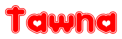 The image is a clipart featuring the word Tawna written in a stylized font with a heart shape replacing inserted into the center of each letter. The color scheme of the text and hearts is red with a light outline.